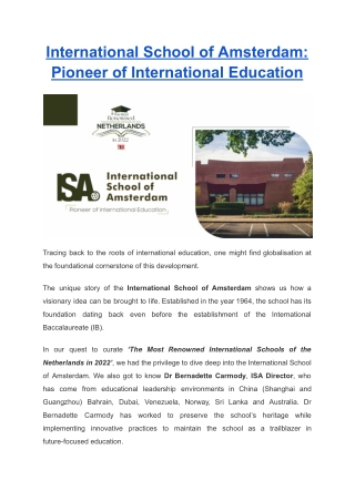 International School of Amsterdam Pioneer of International Education