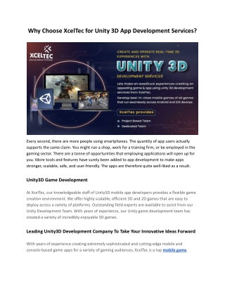 Why Choose XcelTec for Unity 3D App Development Services_