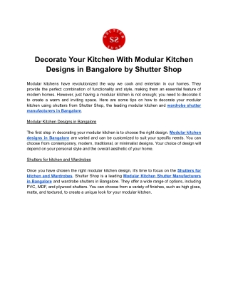 Decorate Your Kitchen With Modular Kitchen Designs in Bangalore by Shutter Shop