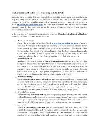 The Environmental Benefits of Manufacturing Industrial Parks