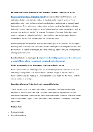 Recombinant Polyclonal Antibodies Market to Observe Prominent CAGR of 7.70 by 2029