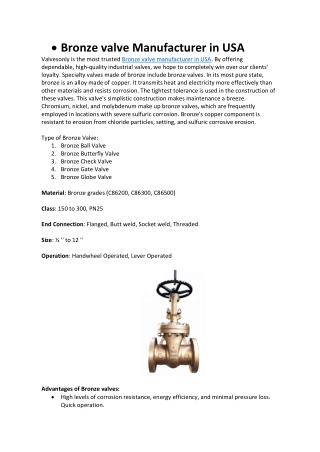 Bronze valve Manufacturer in USA