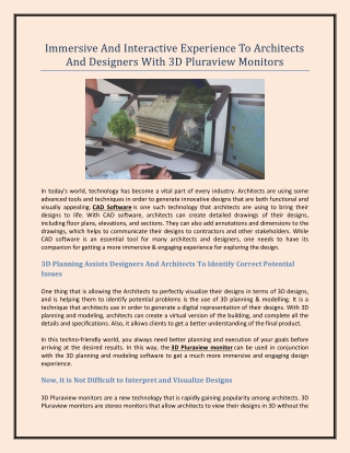Immersive And Interactive Experience To Architects And Designers With 3D Pluraview Monitors