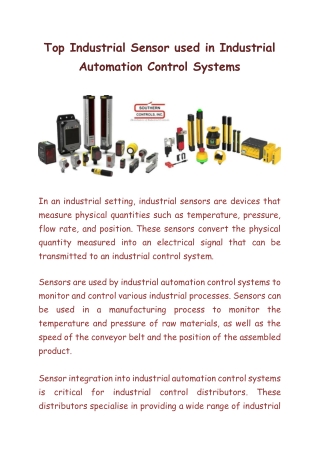 Top Industrial Sensor used in Industrial Automation Control Systems