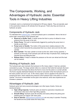 The Components, Working, and Advantages of Hydraulic Jacks
