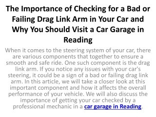 The Importance of Checking for a Bad or Failing Drag Link Arm in Your Car and Why You Should Visit a Car Garage in Readi