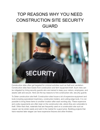 TOP REASONS WHY YOU NEED CONSTRUCTION SITE SECURITY GUARD