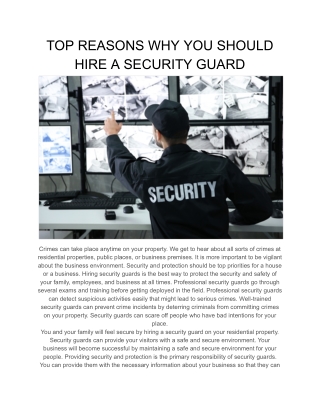 TOP REASONS WHY YOU SHOULD HIRE A SECURITY GUARD