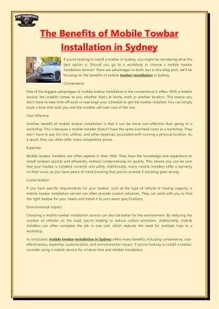 The Benefits of Mobile Towbar Installation in Sydney