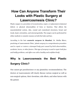 How Can Anyone Transform Their Looks with Plastic Surgery at Lasercosmesis Clinic