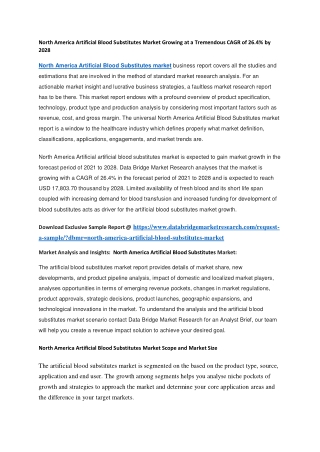 North America Artificial Blood Substitutes Market Growing at a Tremendous CAGR of 26.4 by 2028