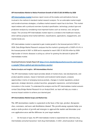 API Intermediates Market to Notice Prominent Growth of USD 37,423.56 Million by 2028