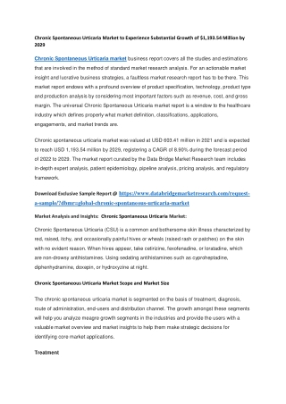 Chronic Spontaneous Urticaria Market to Experience Substantial Growth of 1,193.54 Million by 2029