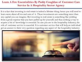 Learn A Few Essentialities By Paddy Coughlan of Customer Care Service In A Hospitality Sector Agency