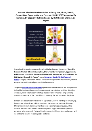 Portable Blenders Market– Global Industry Size, Share, Trends, Competition, Opportunity, and Forecast, 2018-2028F Segmen