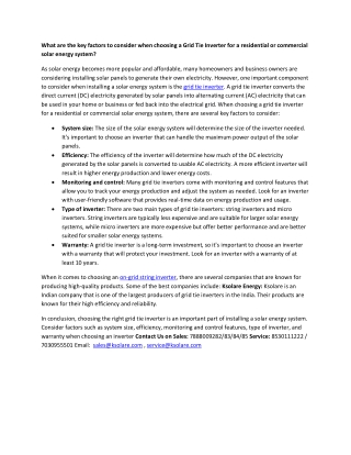 What are the key factors to consider when choosing a Grid Tie Inverter for a residential or commercial solar energy syst