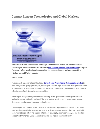 Contact Lenses, Technologies and Global Markets