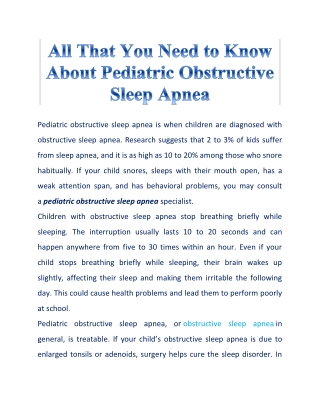 What is Pediatric Obstructive Sleep Apnea?