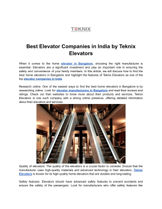 Best Elevator Companies in India by Teknix Elevators