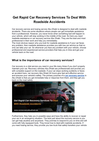 Get Rapid Car Recovery Services To Deal With Roadside Accidents