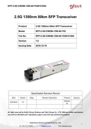 2.5G 1390nm 80km SFP Transceiver