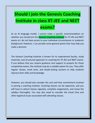 Should I join the Genesis Coaching Institute in class IIT-JEE and NEET exams?