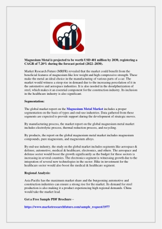 magnesium metal market is projected to grow at 7.20% CAGR during the forecast pe