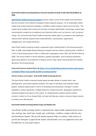 Asia-Pacific Health Screening Market to Perceive Excellent Growth of USD 109,704.00 Billion by 2028