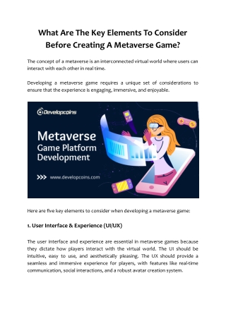 What Are The Key Elements To Consider Before Creating A Metaverse Game