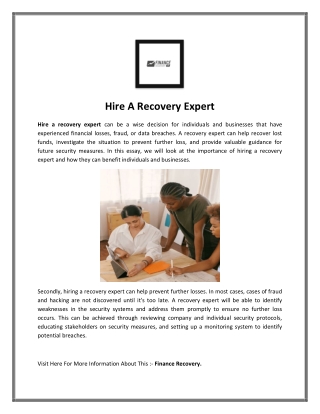 Hire A Recovery Expert - Finance Recovery