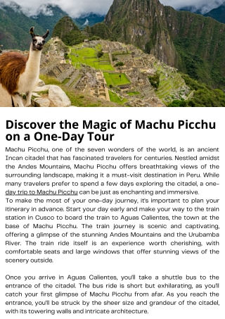 Discover the Magic of Machu Picchu on a One-Day Tour
