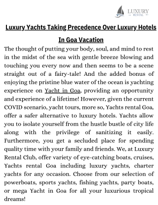 Luxury Yachts Taking Precedence Over Luxury Hotels In Goa Vacation