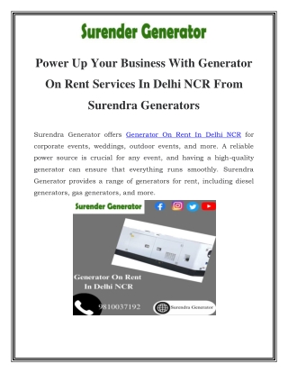 Generator On Rent In Delhi NCR Call-9810037192