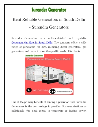 Generator on Hire in South Delhi Call-9810037192