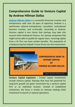 Comprehensive Guide to Venture Capital By Andrew Hillman Dallas