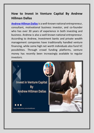 How to Invest in Venture Capital By Andrew Hillman Dallas