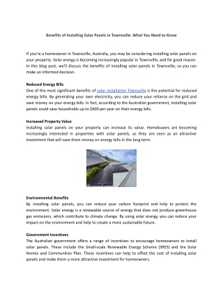 Benefits of Installing Solar Panels in Townsville: What You Need to Know