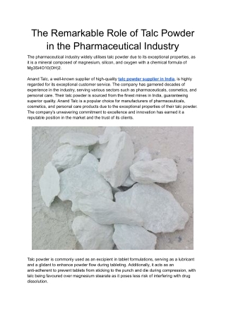 The Remarkable Role of Talc Powder in the Pharmaceutical Industry