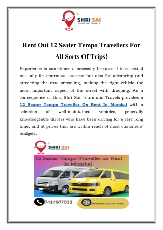 12 Seater Tempo Traveller on Rent in Mumbai  Call-7414977033