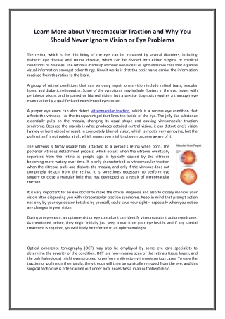 Learn More about Vitreomacular Traction and Why You Should Never Ignore Vision or Eye Problems