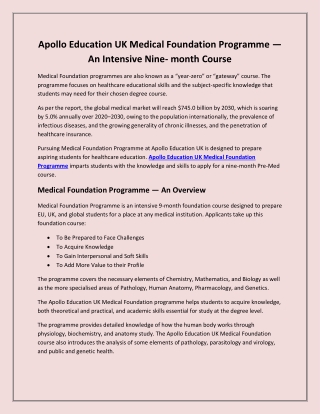 Apollo Education UK Medical Foundation Programme - An Intensive Nine- month Course