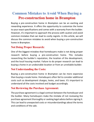 Common Mistakes to Avoid When Buying a pre-construction home in Brampton