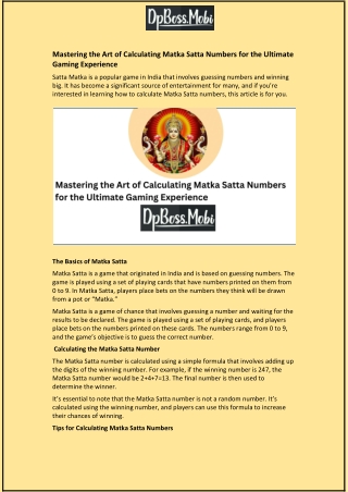 Mastering the Art of Dpboss Matka Online: Tips and Tricks for Winning Big
