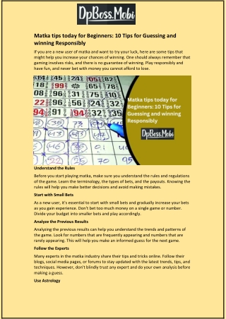 Matka tips today for Beginners: 10 Tips for Guessing and winning Responsibly