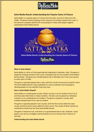 Satta Matka Result: Understanding the Popular Game of Chance