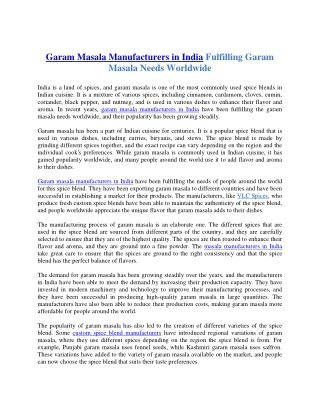 Garam Masala Manufacturers in India Fulfilling Garam Masala Needs Worldwide