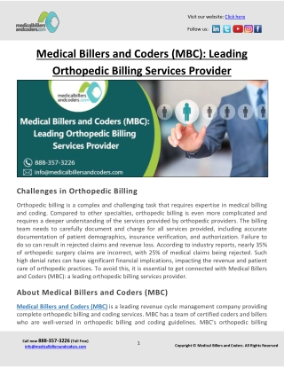 Medical Billers and Coders (MBC): Leading Orthopedic Billing Services Provider