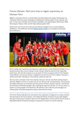 France Olympic Red Lions Vow to regain supremacy at Olympic Paris