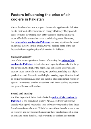 Factors influencing the price of air coolers in Pakistan