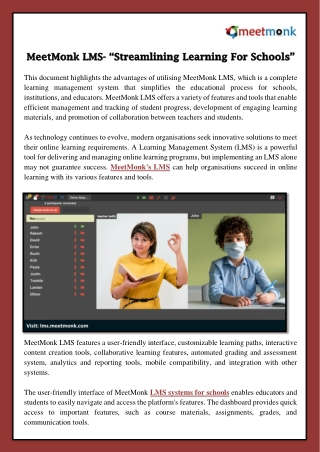 MeetMonk LMS- Streamlining Learning for Schools